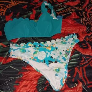 New CUPSHE Women's Solid Wavy Edge One-Shoulder Bikini Set Rain of Petals